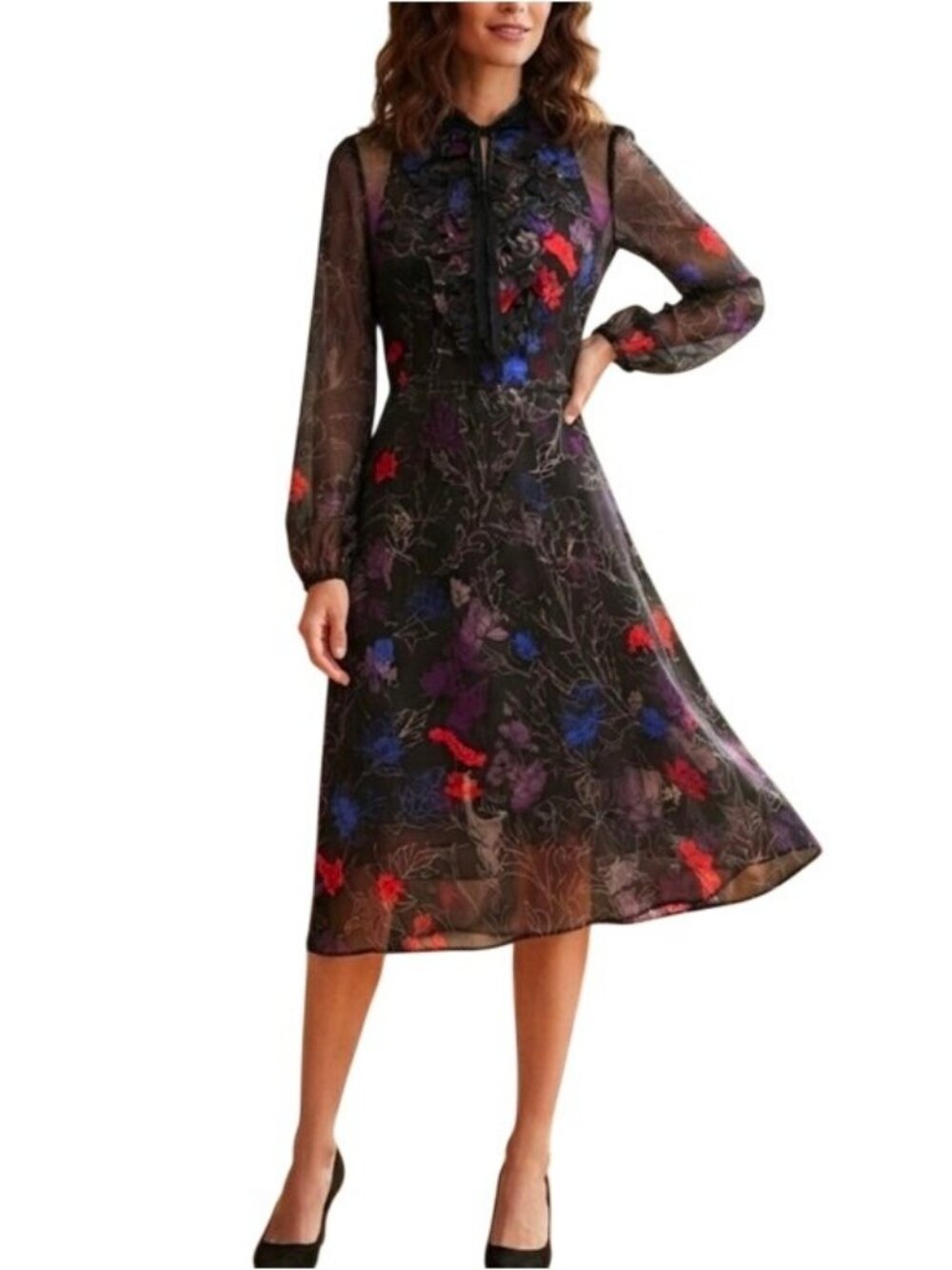 Elie Tahari Black Sheer Floral Ruffle Neck Long Sleeve Dress Size 2